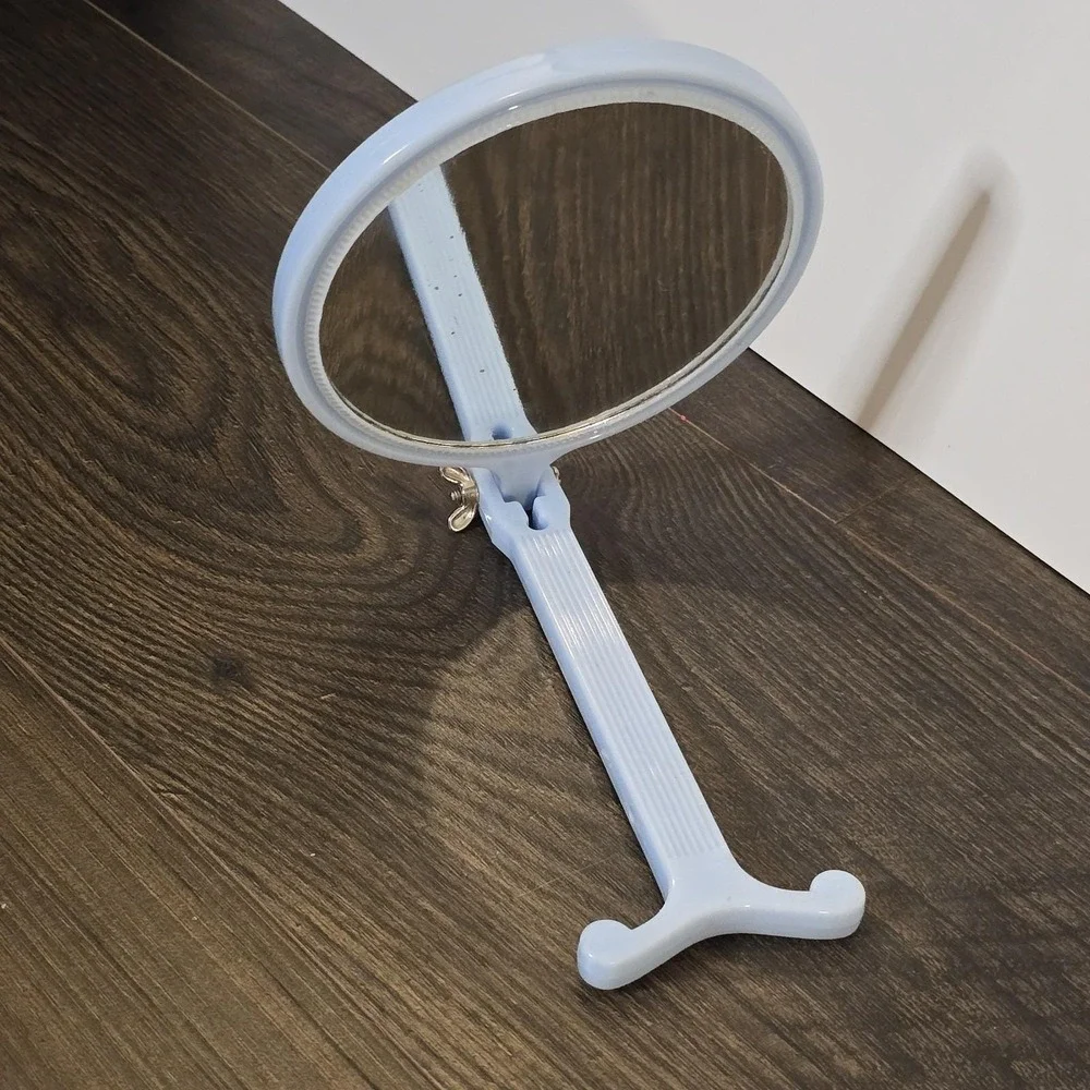 Vintage Light Blue Handheld Mirror Plastic Double-sided Adjustable Made in‎ USA